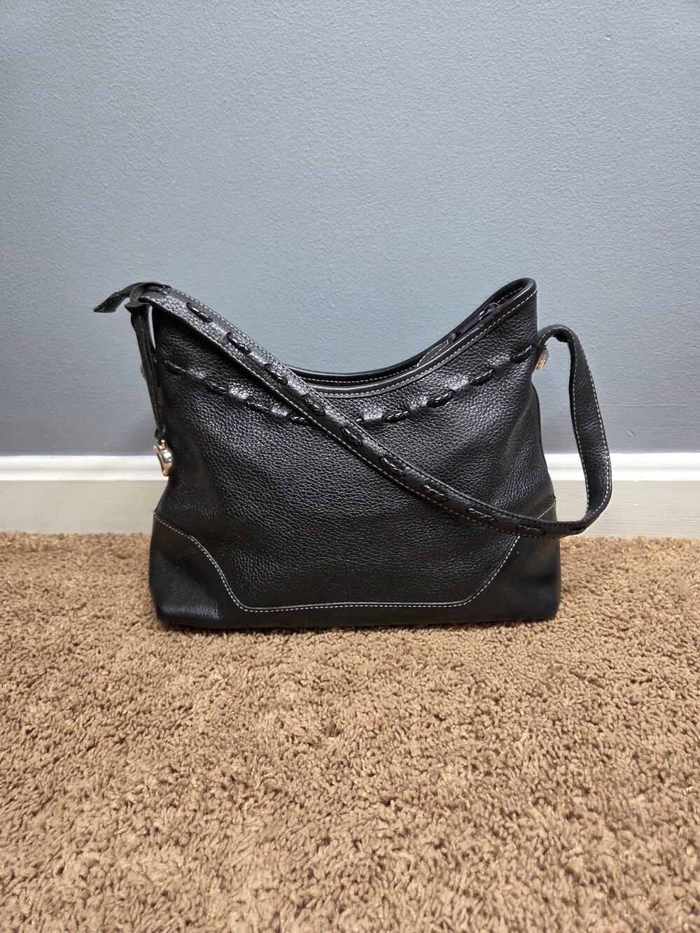 Brighton peddled leather black shoulder bag stitching black medium